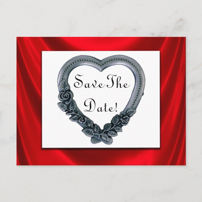 Save the Date Silver Heart & Red Satin Postkarten (Vorderseite)