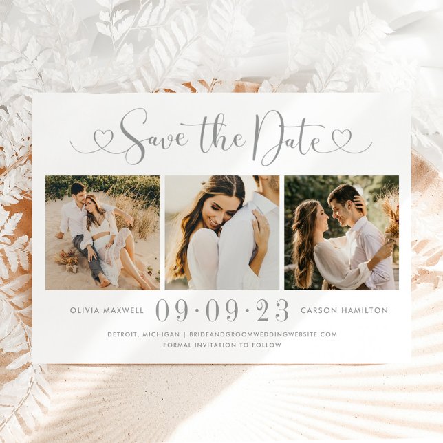 Save The Date Silver Heart Script 3 Photo Mariage Collage (Créateur téléchargé)