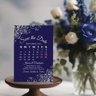 Save The Date Silver & Navy Bleu Simple Élégant Calendrier de ma