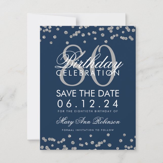 Save The Date Silver Navy Blue 80th Birthday Save Date Confetti (Devant)