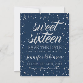 Save The Date Silver Navy Sweet 16 Save Date Sparkle Confetti