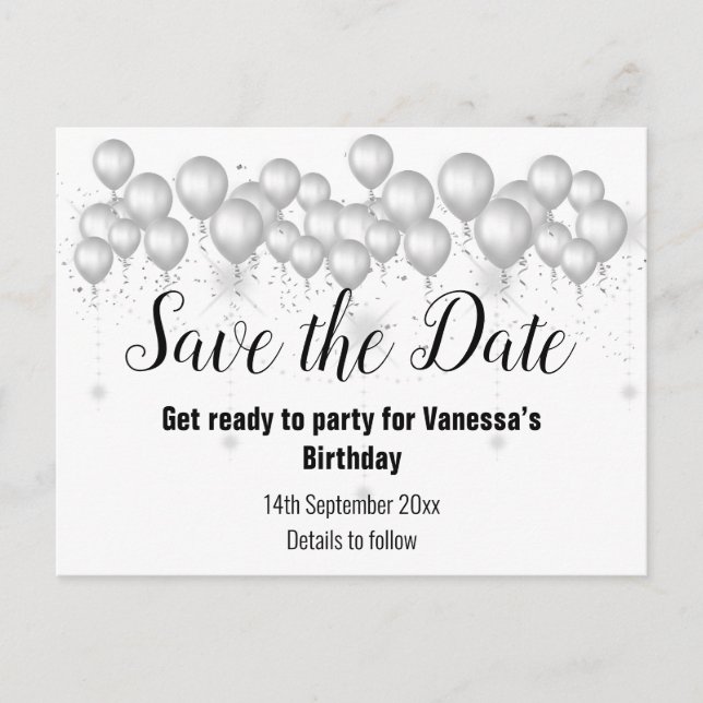 SAVE THE DATE SILVER WHITE BLACK Balloons Ankündigungspostkarte (Vorderseite)
