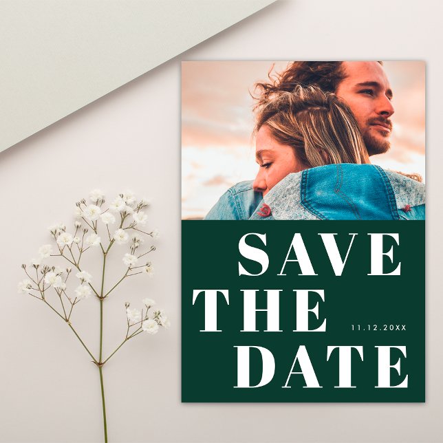 Save The Date Simple 1 Photo Bold Emerald Vert Mariage blanc (Front)