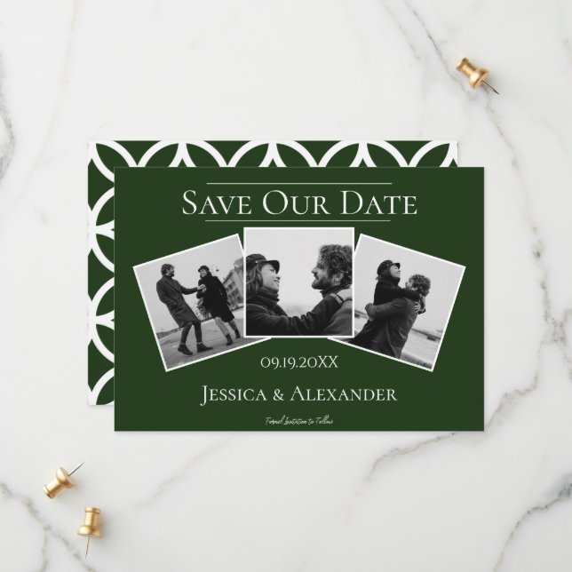 Save The Date Simple 3 Photo Collage | Vert émeraude (Devant/Arrière en situation)