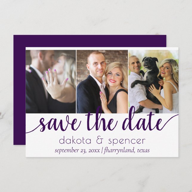 Save The Date Simple 3 photos | Script Royal pourpre (Devant / Derrière)