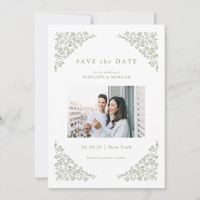 Save The Date Simple Delicate Floral Timeless Sage Green Photo (Devant)