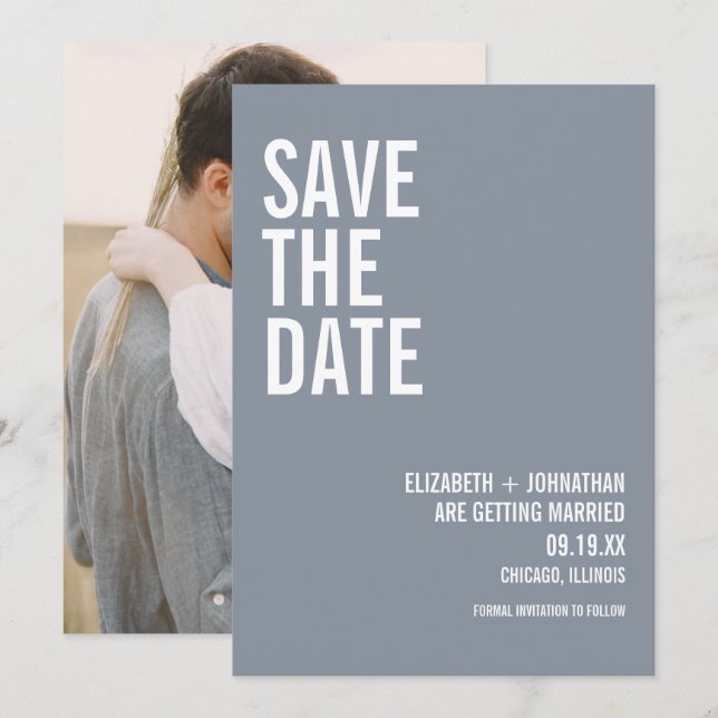 Save The Date Simple Dusty Blue Typographie Mariage Photo (Devant / Derrière)
