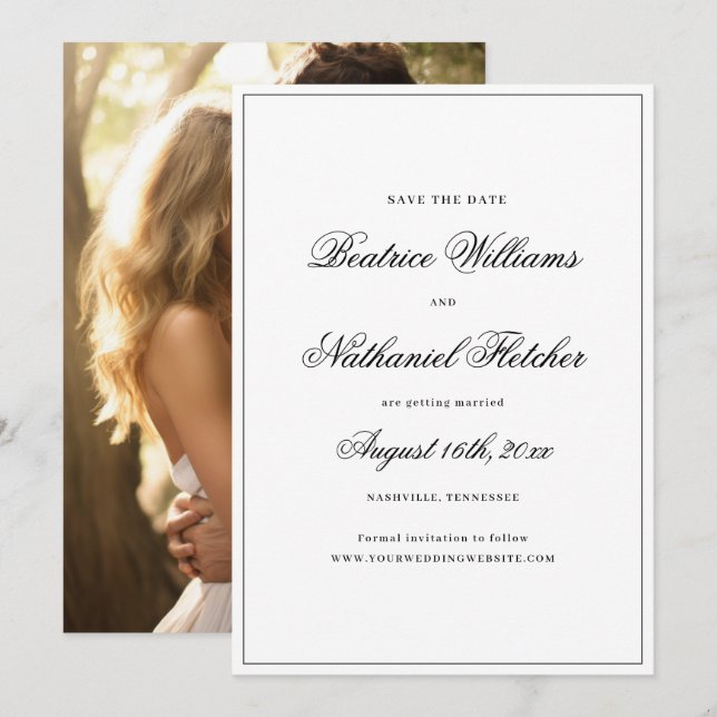 Save The Date Simple Elegant Classic noir & blanc Mariage photo (Devant / Derrière)