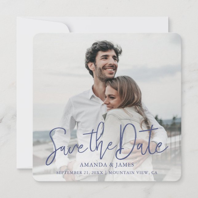 Save The Date Simple Elegant Moderne Bleu Script Mariage photo (Devant)