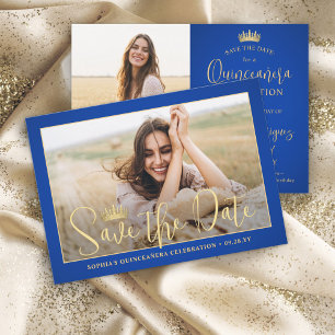 Save The Date Simple Elegant Quinceañera 2 Photo Royal Blue Gold