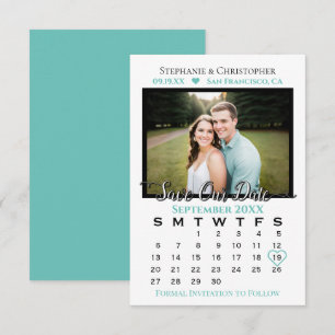 Save The Date Simple et élégant Photo & Calendrier Aqua Bleu Mar