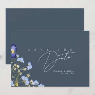 Save The Date Simple Mariage aux Fleurs Sauvages Bleu Ardoise