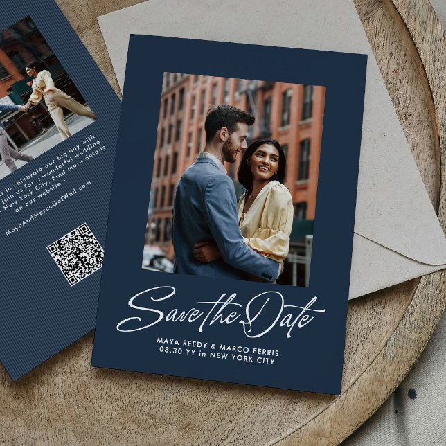 Save The Date Simple mariage deux photos écriture tendance bleu  (Créateur téléchargé)