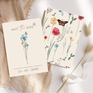Save The Date Simple Mariage Floral Papillon Fleur Sauvage Bleue