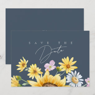 Save The Date Simple Mariage Floral Tournesol Bleu Ardoise
