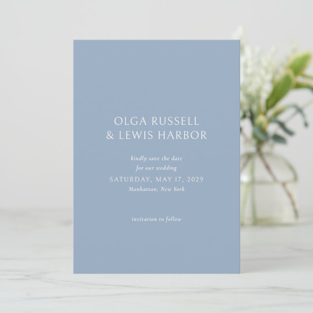 Save The Date Simple Mariage Moderne Bleu Poussiéreux (Debout devant)