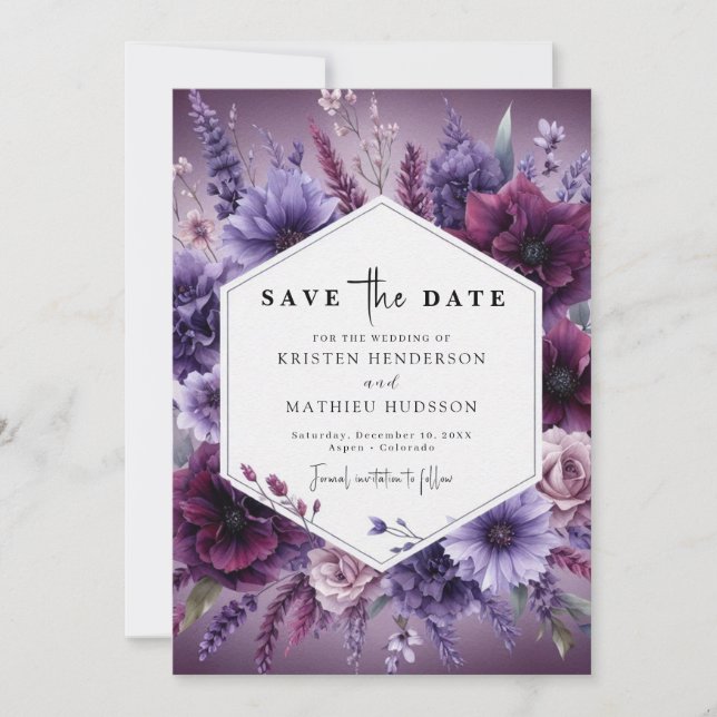 Save The Date Simple Mariage végétal violet botanique (Devant)