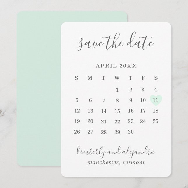 Save The Date Simple mignonne Mint vert Coeur Calender Mariage (Devant / Derrière)