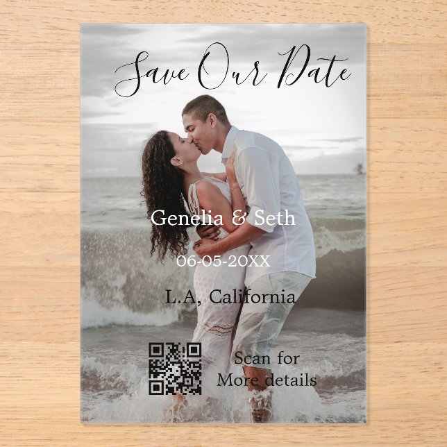 Save the date simple minimal QR scan code details  Acryleinladungen (Vorderseite)