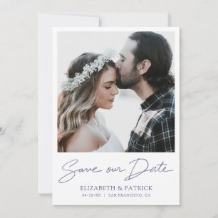 Save The Date Simple Modern Blue Script Photo Enregistrer la dat