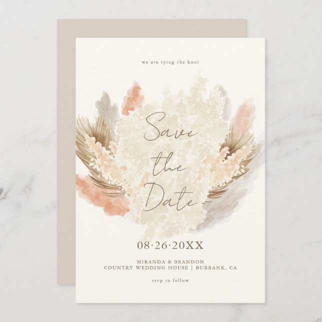 Save The Date Simple Modern Rustic Pampas Grass Wedding (Devant / Derrière)