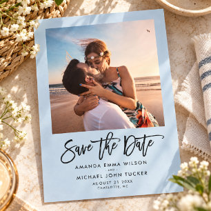 Save The Date Simple Moderne Écriture Chic Bleu Poussiéreux Phot