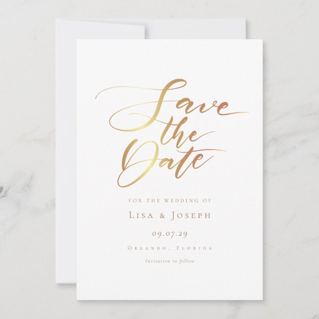 Save The Date Simple Moderne Écriture Dorée  (Devant)