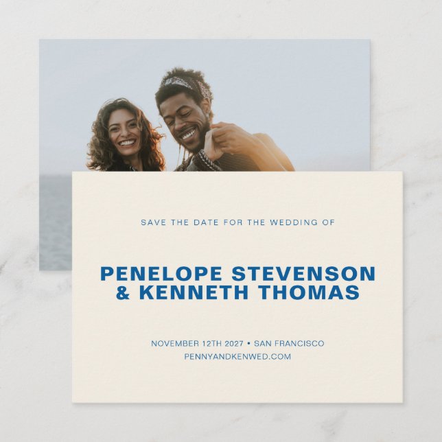 Save The Date Simple moderne Mariage photo bleu Cobalt (Devant / Derrière)