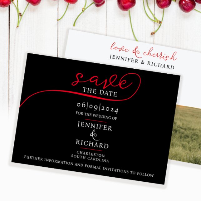 Save The Date Simple moderne Noir Blanc Rouge Script Mariage pho (Créateur téléchargé)