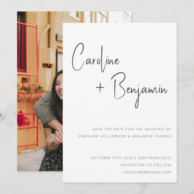 Save The Date Simple moderne noir noir Mariage photo (Devant / Derrière)