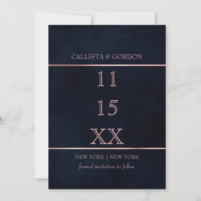 Save The Date Simple Moderne Rose Gold Bleu Nuit Aquarelle (Devant)