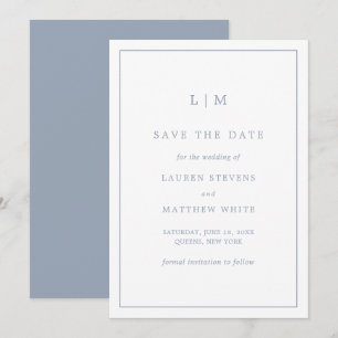 Save The Date Simple Monogramme Bleu Poussiéreux Mariage Élégant