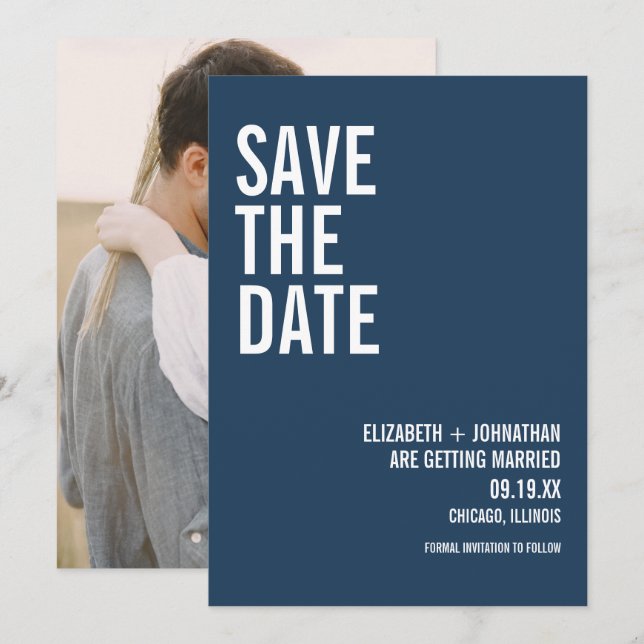 Save The Date Simple Navy Typographie Mariage Photo (Devant / Derrière)