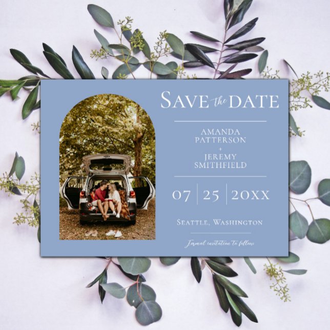 Save The Date Simple Photo d'arche | Enregistrer la date bleu po (Dusty Blue Simple Arch Photo Save the Date)