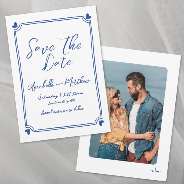 Save The Date Simple Photo Dessiné à la Main Mariage Bleu Fantai (Simple Hand Drawn Photo Blue Whimsical Wedding Save the Date)