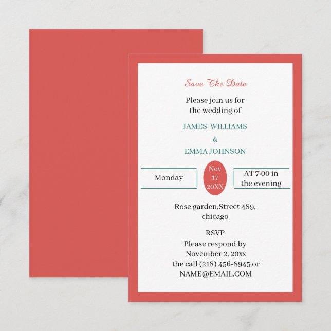 Save The Date Simple rouge personnalisé (Devant / Derrière)