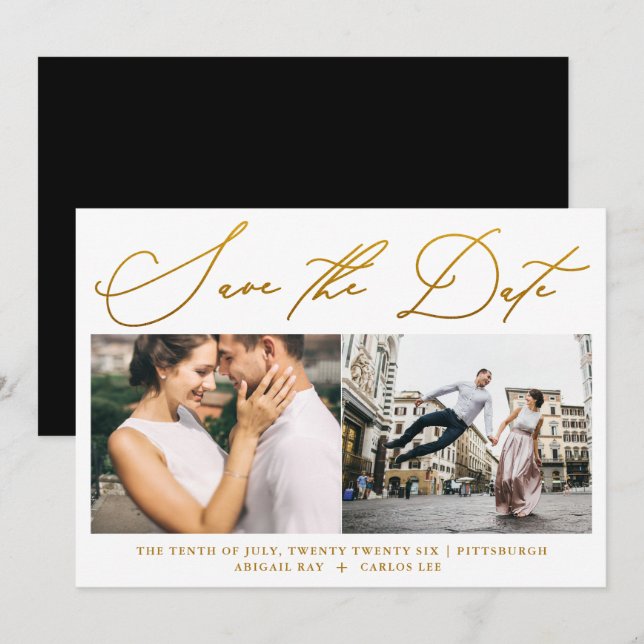 Save The Date Simple Script Faux Gold Two Photo Modern (Devant / Derrière)