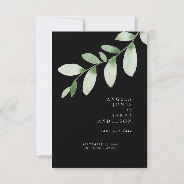 Save The Date Simplicité & Foliage Mariage noir Enregistrer notr (Devant)