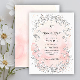 Save the Date.Sketched Blues Blush Pink Wedding Einladung
