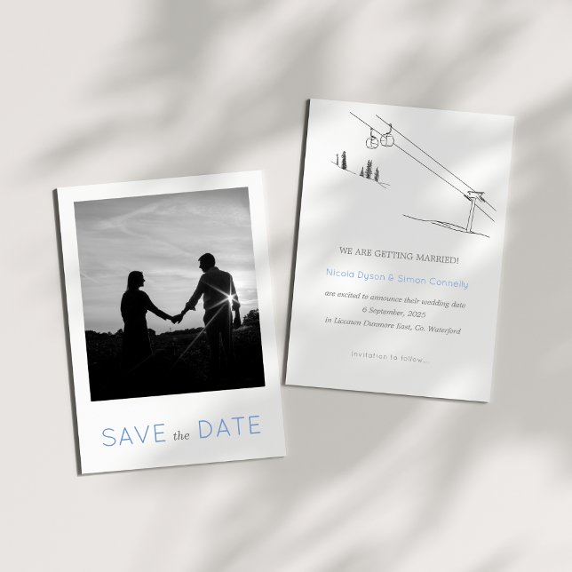 Save The Date Ski d'hiver de neige nouvellement marié Couple noi (Sample)