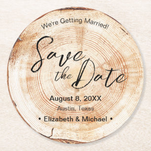 Save the Date Skript-Imitate Holz Grain Wedding Runder Pappuntersetzer