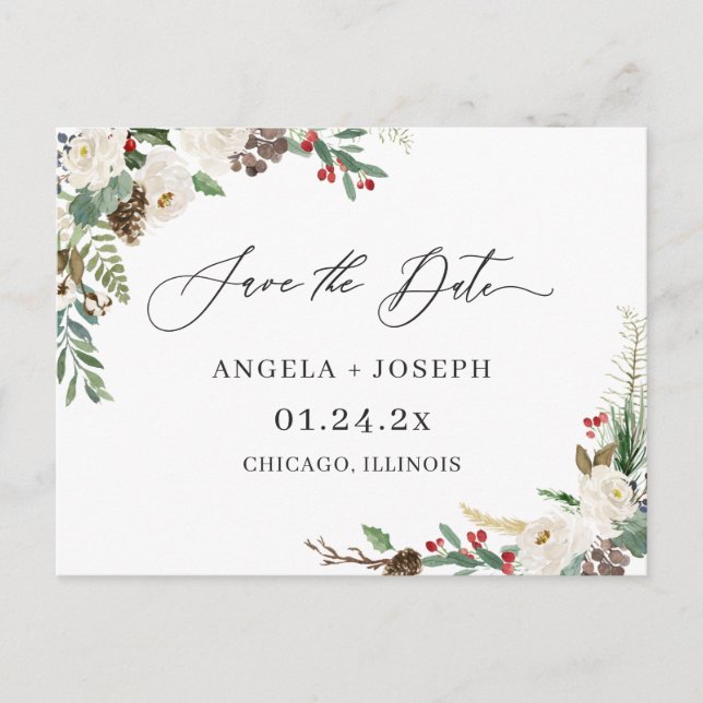 Save the Date Skript Rustikale Winter Floral Berri Postkarte (Vorderseite)