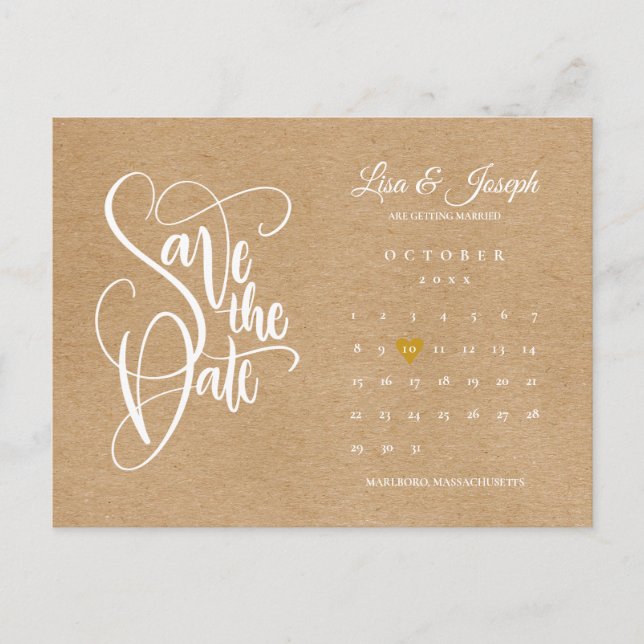 Save the Date Skriptkalender Goldenes Herz Rustika Ankündigungspostkarte (Vorderseite)