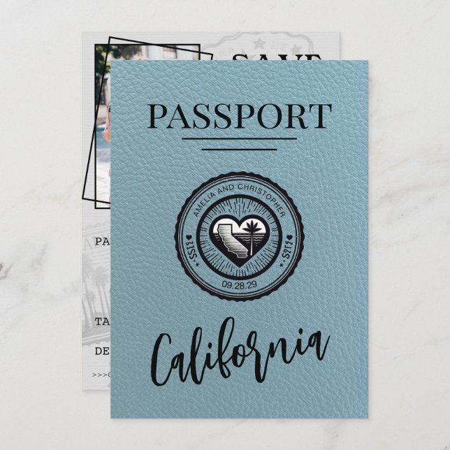 Save The Date Slate Blue California Passport Enregistrer La Date (Devant / Derrière)