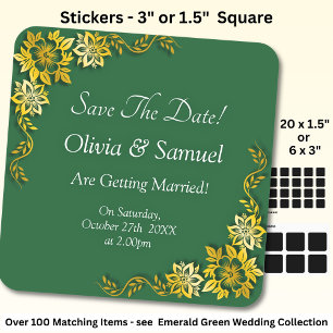 Save The Date - Smaragdgrün & Gold Quadratischer Aufkleber