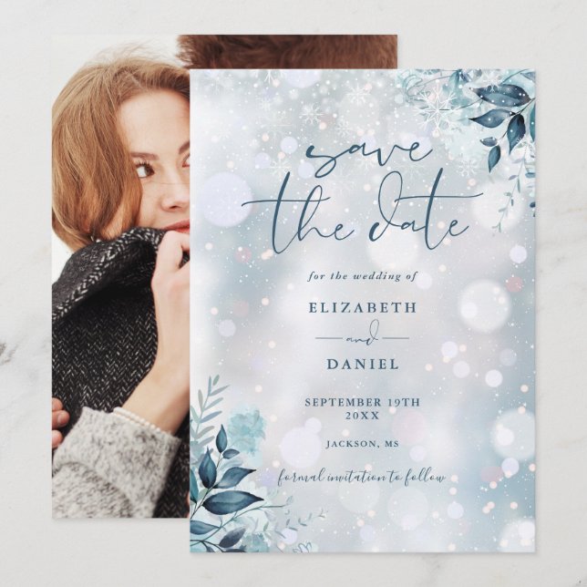 Save The Date Snowflakes d'hiver Floral Photo Mariage (Devant / Derrière)