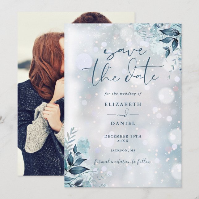 Save The Date Snowflakes Rustique Floral Photo Mariage (Devant / Derrière)