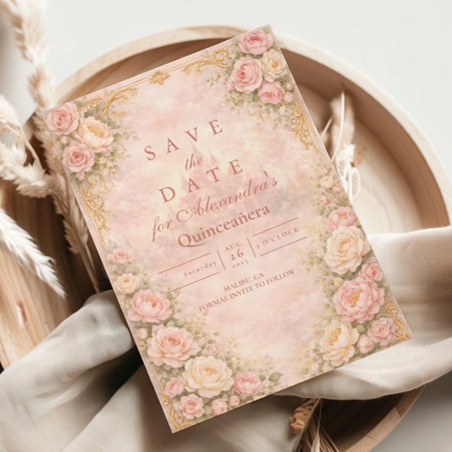Save The Date Soft Blush Rose Garden Quinceañera (Créateur téléchargé)