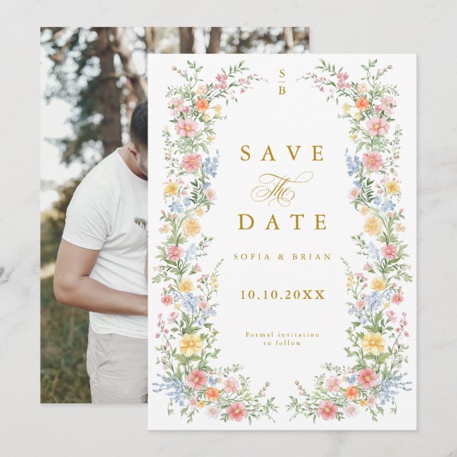 Save The Date Soft Pastel Ornate Spring Garden Gold Wedding (Devant / Derrière)