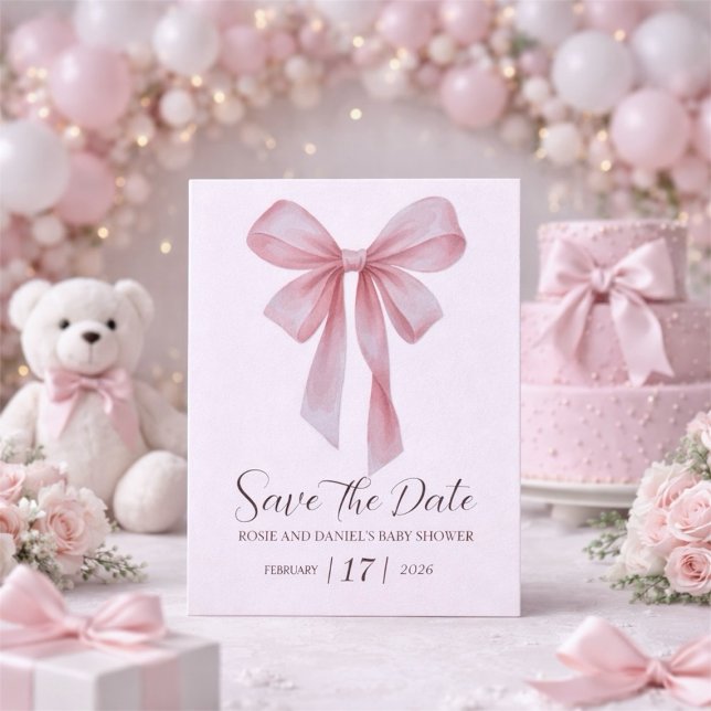 Save The Date Soft Pink Bow Girl Baby Shower (Soft Pink Bow Girl Baby Shower Save The Date)